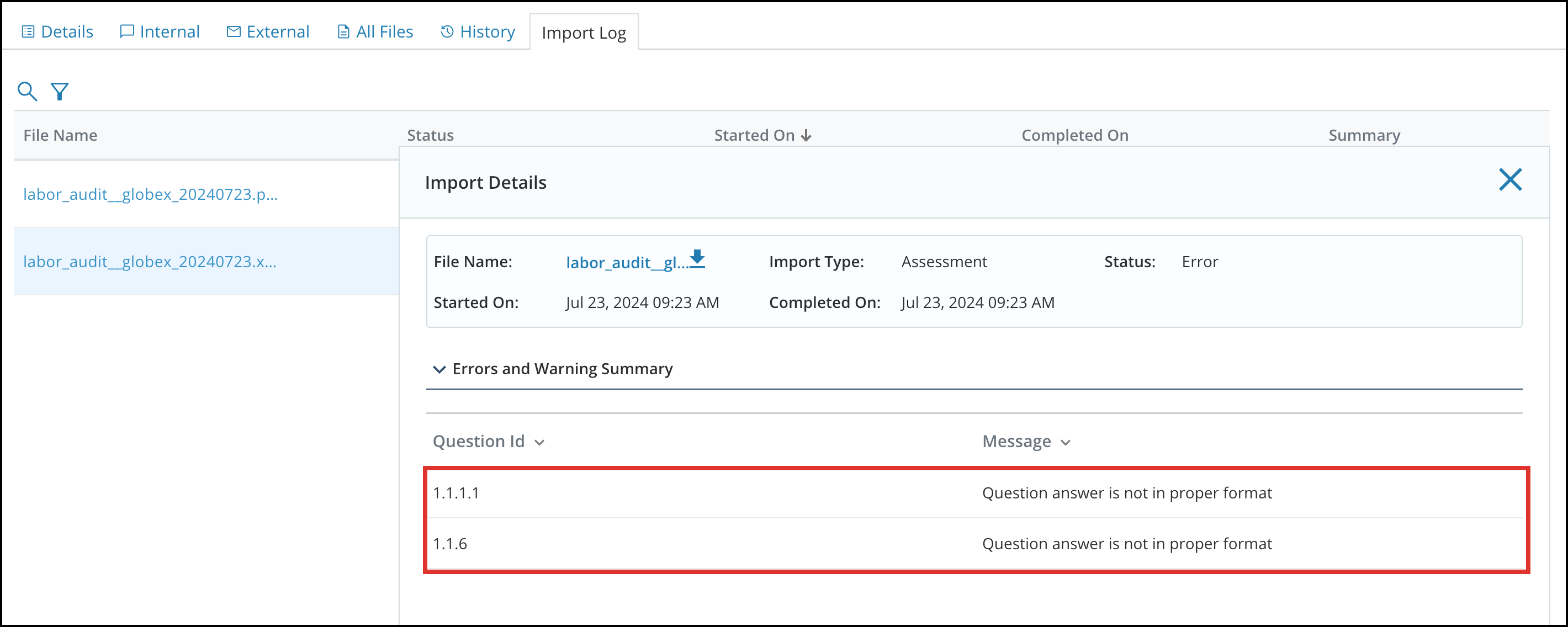 Viewing Assessment Import logs when Answering 6[R360]