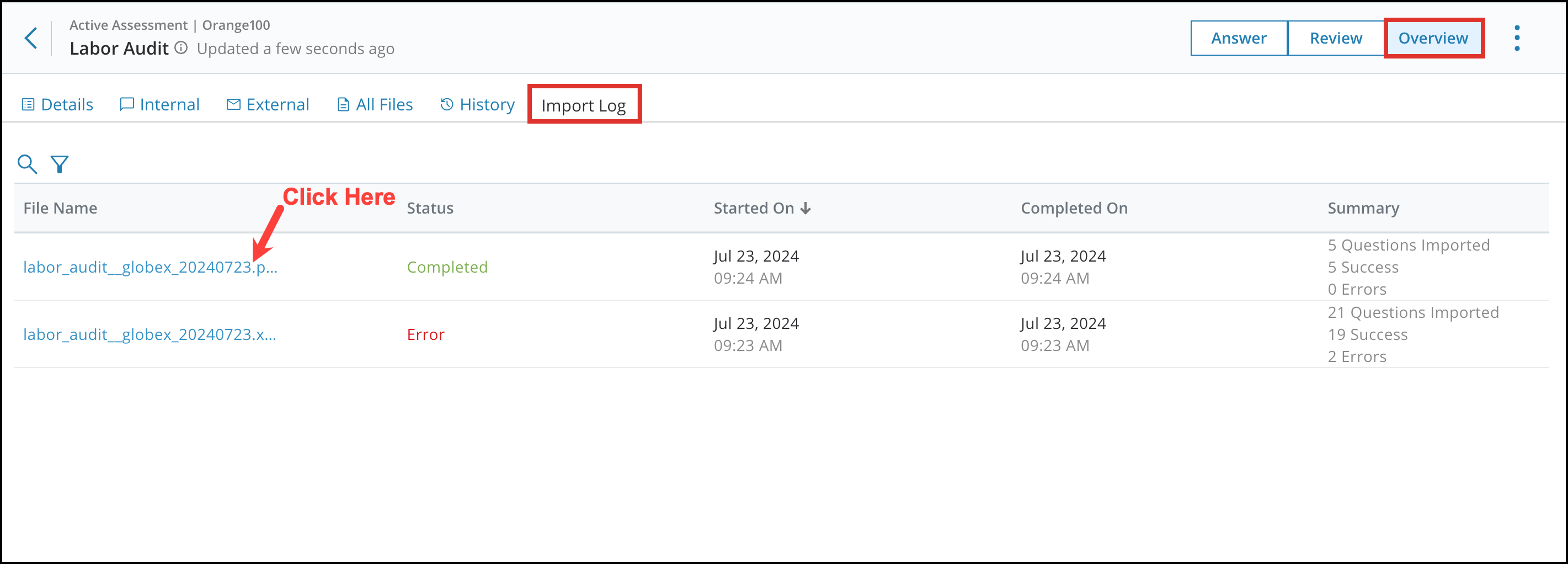 Viewing Assessment Import logs when Answering 4[R360]