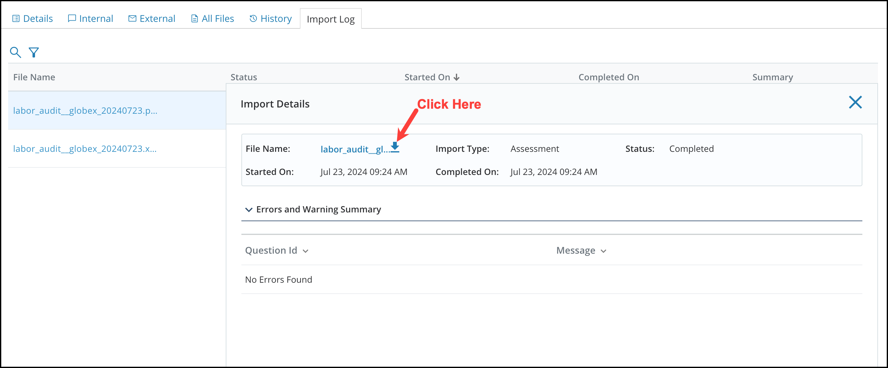 Viewing Assessment Import logs when Answering 5[R360]